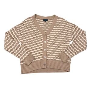 ModCloth Cardigan Sweater Medium Tan White Striped Open Knot Crochet Grandma
